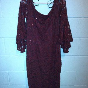 Burgundy lace off the shoulder formal dress